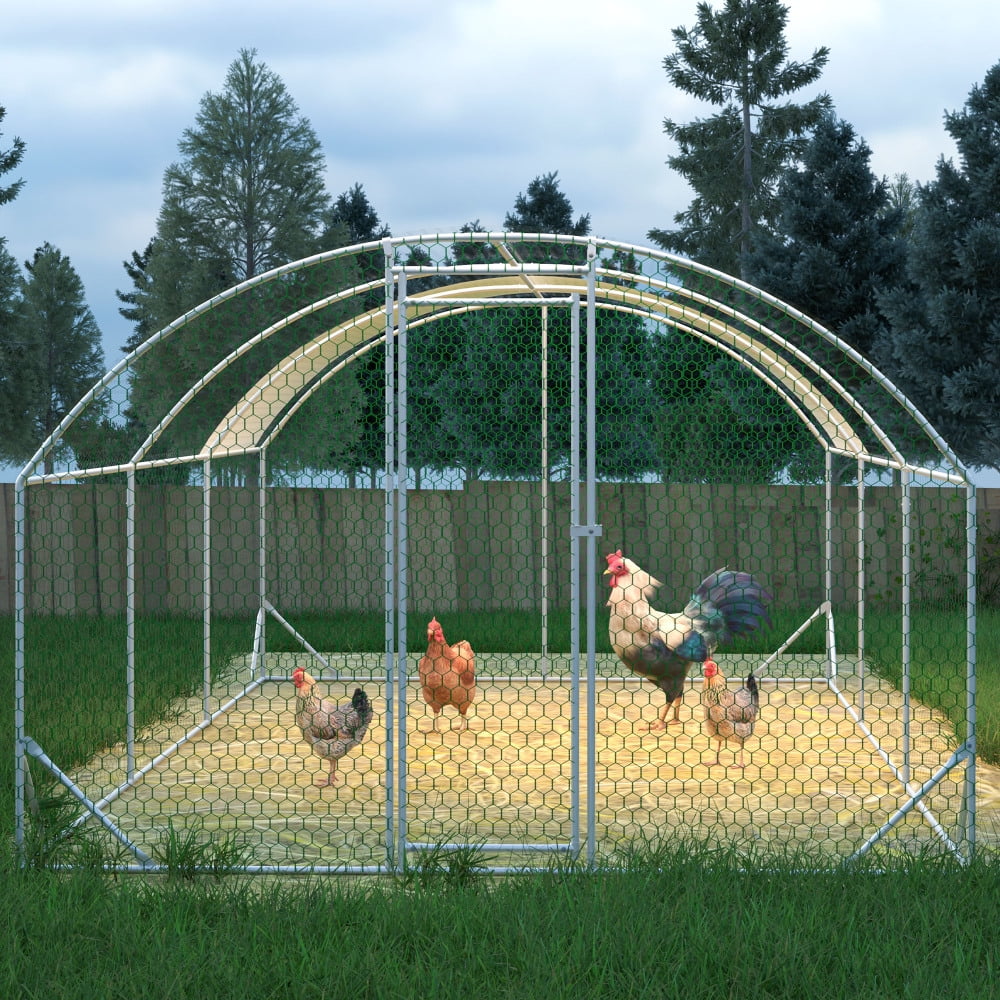 Large Metal Chicken Coop Walk-in Poultry Cage with Water-Resident and Anti-UV Cover Duck Rabbit Cat House Outdoor Chicken Run Pen with Round Roof Nesting Box and Run