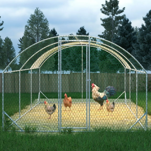 Large Metal Chicken Coop Walk-in Poultry Cage with Water-Resident and Anti-UV Cover Duck Rabbit Cat House Outdoor Chicken Run Pen with Round Roof Nesting Box and Run
