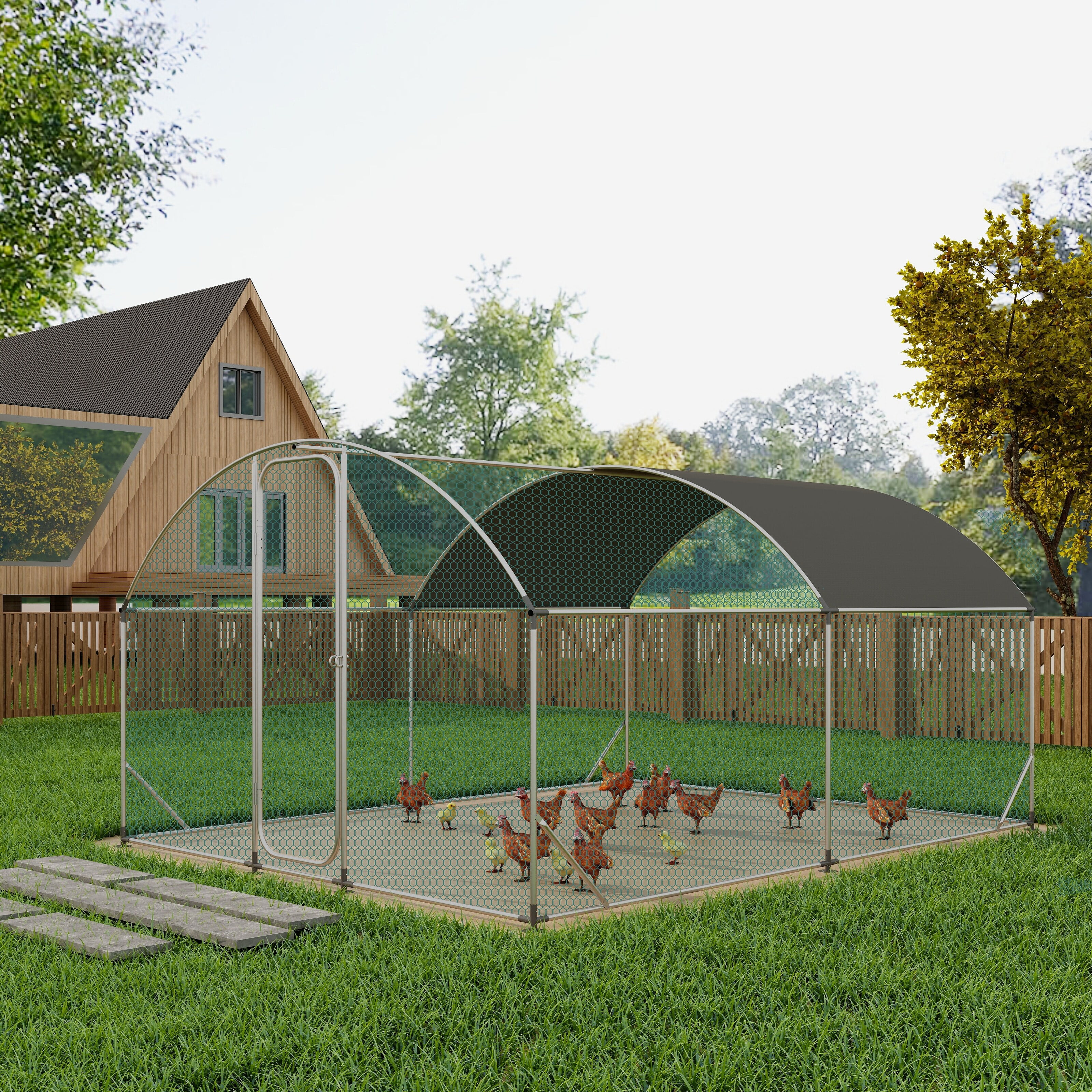 Large Silver Metal Chicken Coop with Waterproof Cover