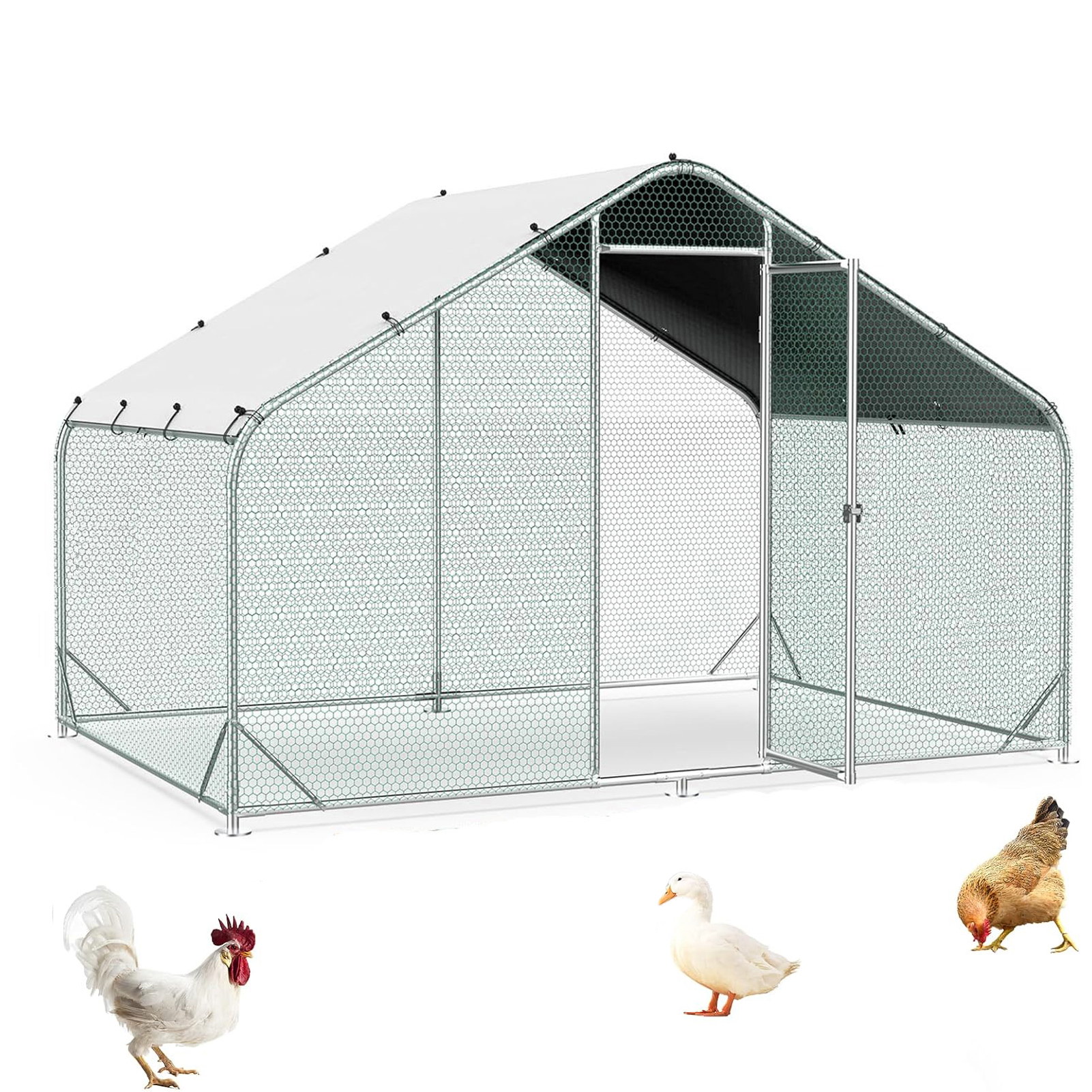 Large Metal Chicken Coops, Outdoor Duck Walk-in Run Poultry Cage, Hen House Yard Habitat Cage with Waterproof Cover Spire Shaped Coop, 9.8' L x 6.6' W x 6.6' H - image 1 of 4