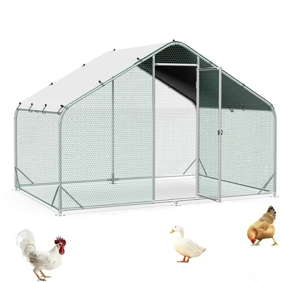 Large Metal Chicken Coops, Outdoor Duck Walk-in Run Poultry Cage, Hen House Yard Habitat Cage with Waterproof Cover Spire Shaped Coop, 9.8' L x 6.6' W x 6.6' H