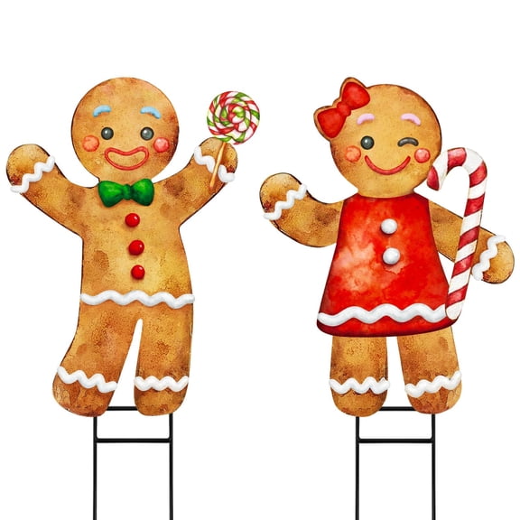 Large Metal Christmas Yard Decorations Gingerbread Boy Girl 29 Inch Outdoor Lawn Garden Decor