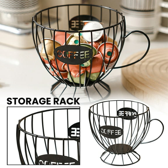 Large Metal Coffee Cup Shaped Wire Basket for Kitchen Countertop Storage, Decorative Fruit Bowl, Black Organizer for Coffee Pods, Snacks, Bread, and More, Modern Rustic Home Decor Accent