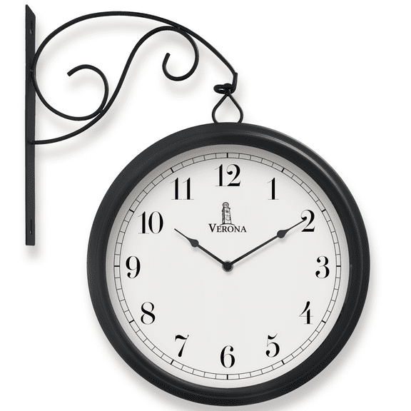 Large Metal Double Sided Wall Clock 13.4" - Decorative Indoor Outdoor Double Sided Clock - Easy to Read, Hanging Train Station Style for Patio, Garden, Office - Antique Outside Corner Wall Decor