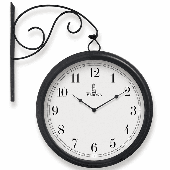 Large Metal Double Sided Wall Clock 13.4" - Decorative Indoor Outdoor Double Sided Clock - Easy to Read, Hanging Train Station Style for Patio, Garden, Office - Antique Outside Corner Wall Decor
