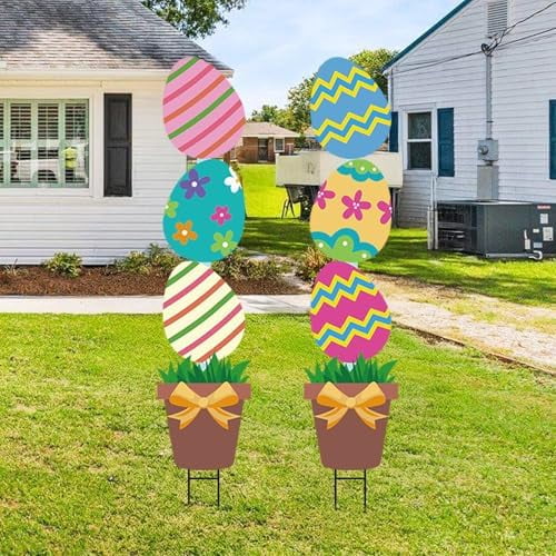 Large Metal Easter Egg Flower Pot Yard Signs: 2pcs, Multicolored, Farmhouse Style, Easter Decor with Stakes, Lawn & Garden Decor$$Garden & Patio