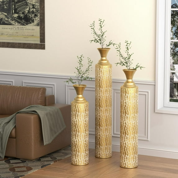 Large Metal Floor Vases Decorative Tall Set of 3 Handmade High Distressed Vintage Oversized Center Vases Standing Flower Holder for Modern Home Décor Indoor (Gold+Growing Vine)