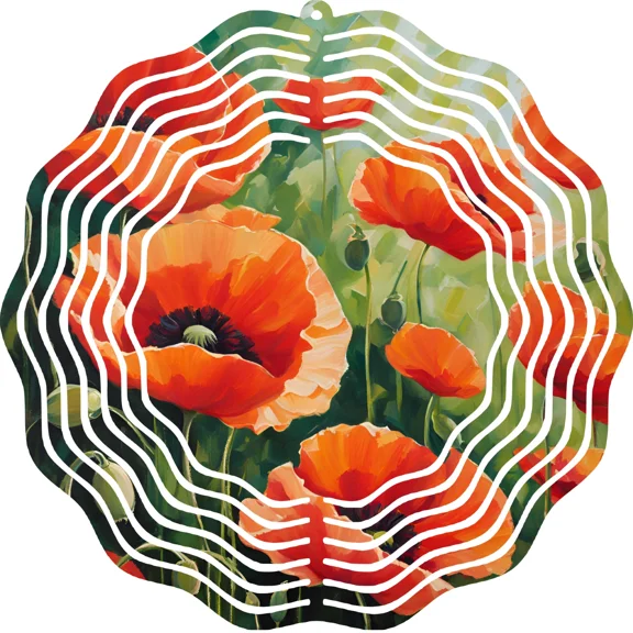 Large Metal Garden Art Wind Spinner 10" Kinetic Outdoor Home Decor Red Poppies