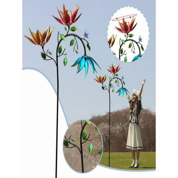 Large Metal Multi Colored Flower Wind Spinner, Wind Spinner for Garden and Yard – Large Metal Windmill with 360° Swivel,Colorful Wind Spinner with Metal Stake for Outdoor Garden Yard Lawn