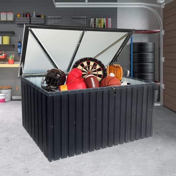 Large Metal Outdoor Storage Box with Lockable Lid, Weatherproof Steel Storage Container for Patio, Backyard, Garden