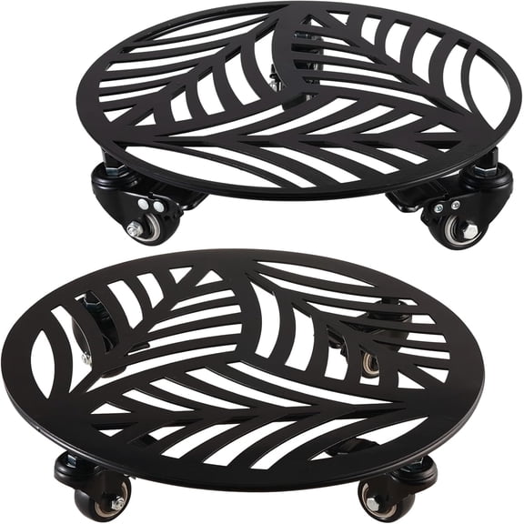Large Metal Plant Caddy with Wheels, 13.6" and 12", Heavy-Duty Wrought Iron Rolling Stand, Glossy Black, 260 lb Capacity