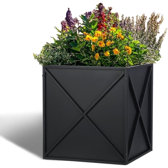 Large Metal Planter Box 17"x 17"x 18", Square Modern Black Metal Planter Box Heavy Duty with Drainage Holes for Outdoor Garden Patio