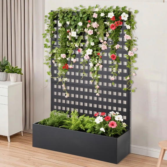 Large Metal Planter Box with Drainage Holes, Heavy Duty Steel Raised Garden Bed, Outdoor & Indoor Rectangular Flower Pot for Patio Garden Balcony (36''*12''*26'', with Trellis)