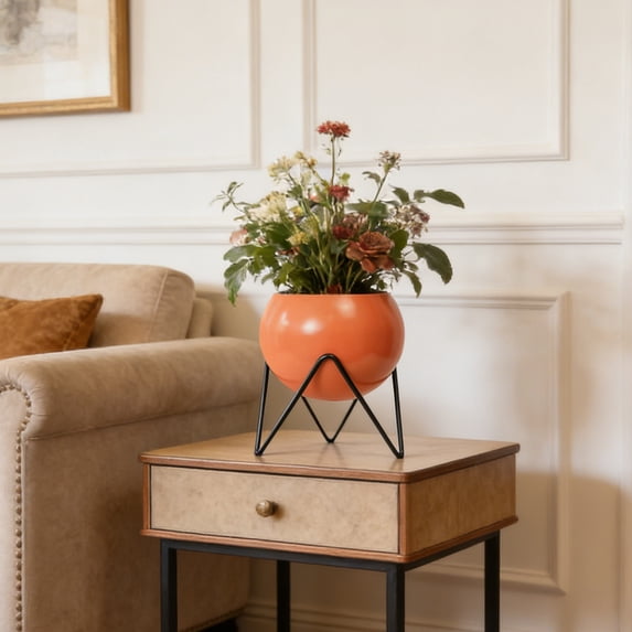 Large Metal Planter with Stand for Living Room, Office, Garden or Balcony - Modern Indoor Decorative Pot with Drainage Holes Orange