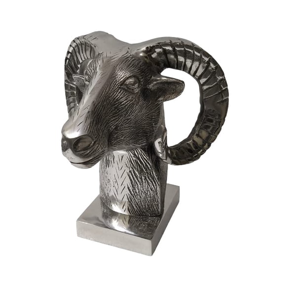 Large Metal Statue Christmas Polished Rams Head Wall Hanging Sculpture( 9" Inch) (Silver)