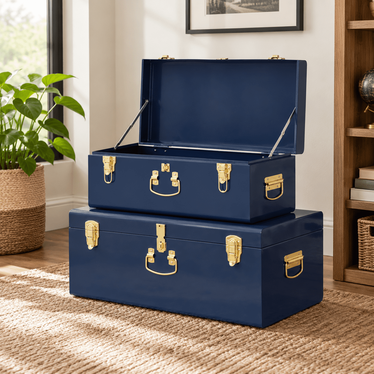 Large Metal Storage Trunk Set, Dark Blue, 2-Piece, Decorative Organizer ...