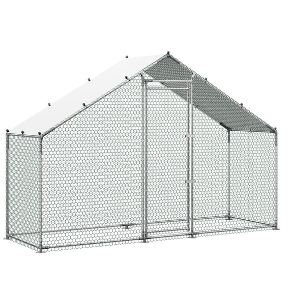 Large Metal Walk In Chicken Coop 9.8x3.3x6.6ft Waterproof Cover Sturdy Frame Spire Roof Poultry Cage Duck Pen Rabbit Hen Goose Outdoor Backyard Farm