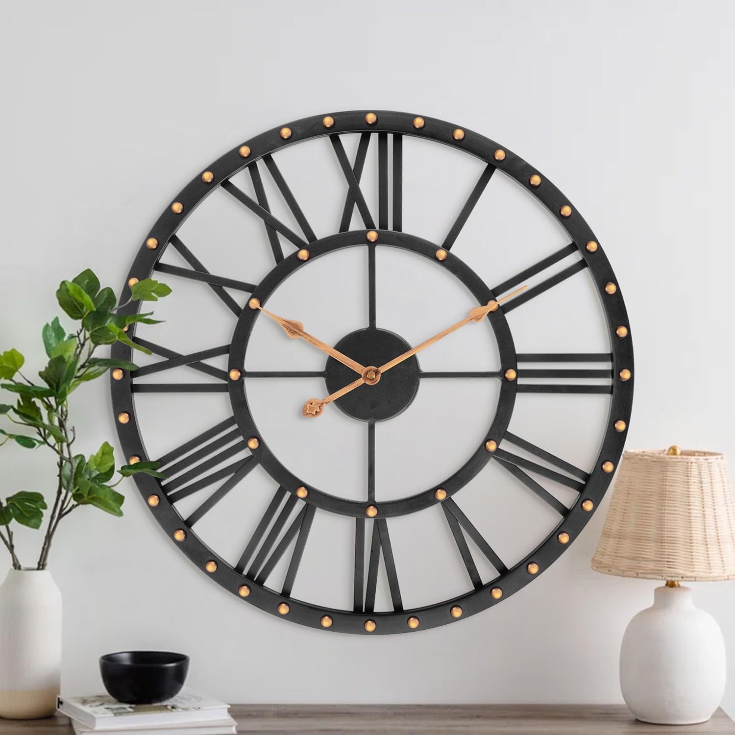 Large Metal Wall Clock, 24 Inch Silent Non-Ticking Black Wall Clocks for Living Room Decor, Battery Operated Outdoor Clock for Patio, Bedroom, Dining Room