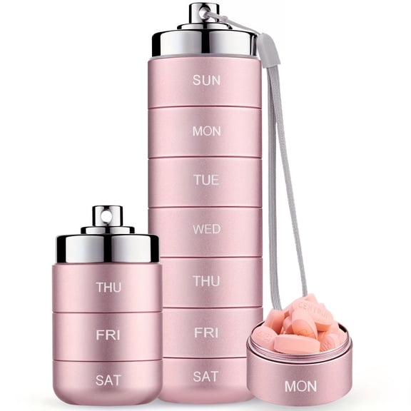 Large Metal Weekly Pill Organizer 7 Day Travel Case, Round Portable Vitamin Binder Container with 7 Compartments, Reusable Medicine Storage Box, Compact Holder for Purse Backpack Carry On(Blue)