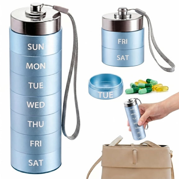 Large Metal Weekly Pill Organizer 7 Day Travel Case, Round Portable Vitamin Binder Container with 7 Compartments