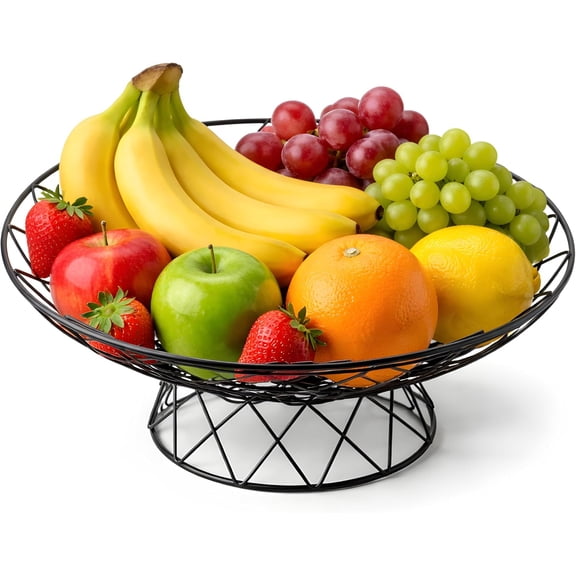 Large Metal Wire Fruit Bowl, 12-inch Round Mesh Fruit Basket for Kitchen Countertop, Modern Decorative Bread Vegetable Storage Holder Organizer, Sleek Black Iron Art(Black)