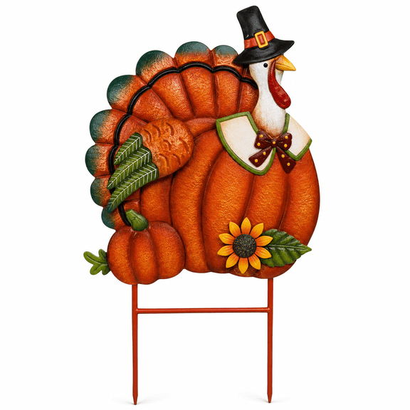 Large Metal Yard Stake Turkey Pumpkin Pilgrim Outdoor Fall Thanksgiving Decor Lawn Garden Stake Front Porch Patio Flower Bed Entryway Home Business Decoration 22" x 12"