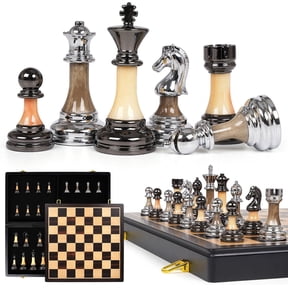 Large Metal and Acrylic Chess Set with Wooden Board 17 Inches Weighted Pieces 3.5 Inch King Foldable Tournament Style