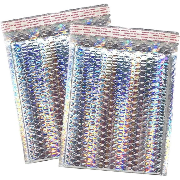 Large Metallic Holographic Bubble Mailers, 10x14 inches 9.5x13.5" Interior Space Padded Shipping Cushioned Mailing Envelopes Pack, W/Kissy Stickers (50)