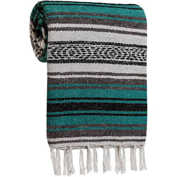 Large Mexican Blanket in Teal -- Handcrafted Serape Falsa Yoga Blanket (73" x 48") - Durable Throw for Camping, Beach & Outdoor Use - Artisan Craft, Mexico from Recycled Fibers
