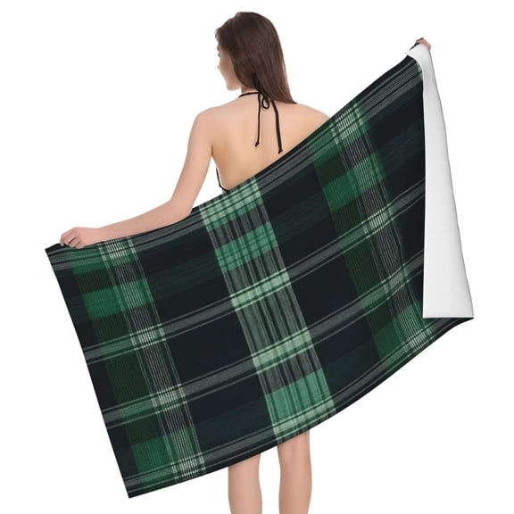 Large Microfiber Bath Towel Fast Absorbing Lightweight Beach Towel Travel Pool Shower Bathroom Beach Camping 52x32in Green Buffalo Plaid Check Tartan Scotland_1
