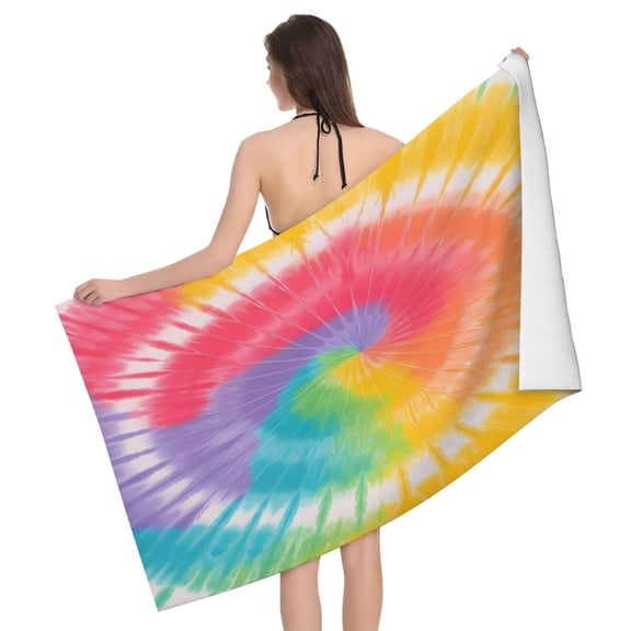 Large Microfiber Bath Towel Fast Absorbing Lightweight Beach Towel Travel Pool Shower Bathroom Beach Camping 52x32in Tie-Dye Pattern Rainbow Colors (2)
