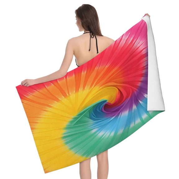 Large Microfiber Bath Towel Fast Absorbing Lightweight Beach Towel Travel Pool Shower Bathroom Beach Camping 52x32in Tie-Dye Pattern Rainbow Colors (3)