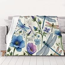 Large Microfiber Bed Throw Blanket Watercolor Blue Flower Dragonflys for Sofa,Home,Travel Flannel Blanket Warm Soft Cozy Air Conditioning Quilt for Living Room Sofa Bed Novelty Gift 50x60 inch