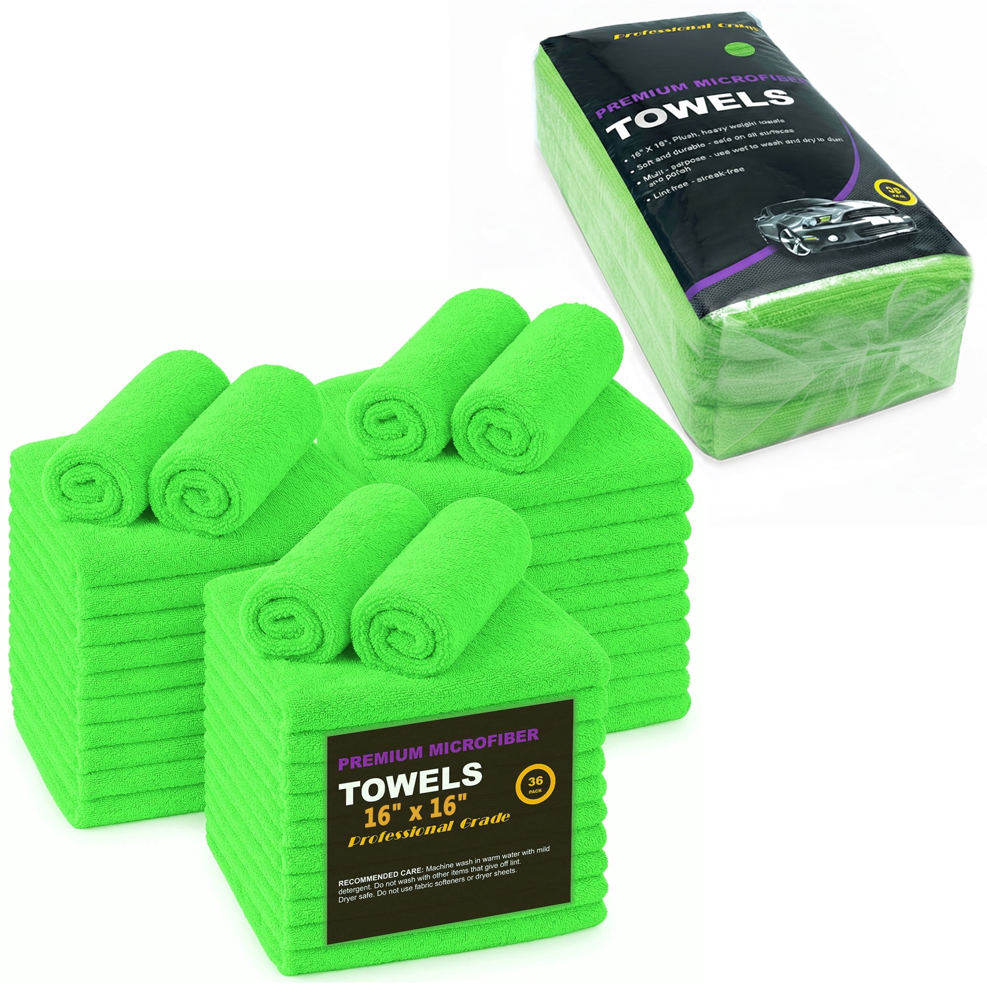Green Microfiber Cleaning Towels, 36-Pack Dual-Sided Ultra Soft Plush Washcloth, Professional Grade Premium Microfiber Detailing Cleaning Cloths, Car, Household and Commercial (Green, 16" X 16")