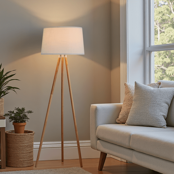 Large Mid Century Modern Floor Lamp, 58'' Tripod Floor Lamp For Living Room, Wood Base And White Linen Shade, Foot Switch, E26 Socket, Cozy Ambient Glow, Stand Up Reading Light