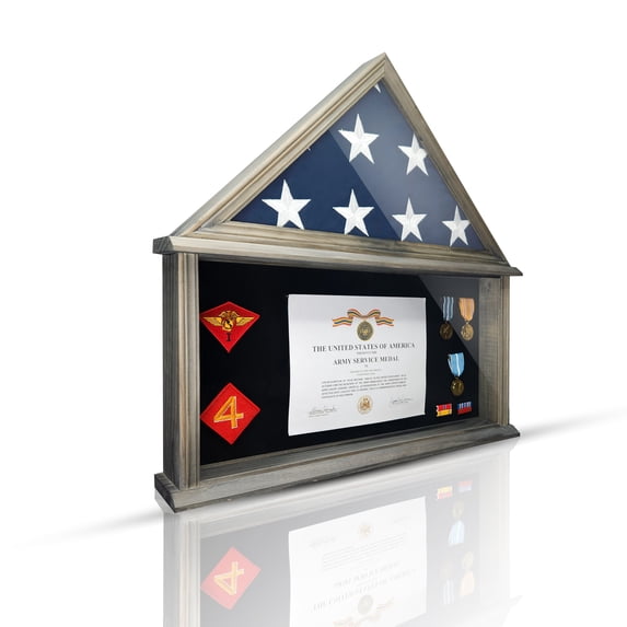 Large Military Shadow Box Display Case for Funeral Burial Flag, American Veterans Fits Folded 5x9.5’ Flag, Certificate, Medal, Patches. Solid Wood and Glass. (Rustic)