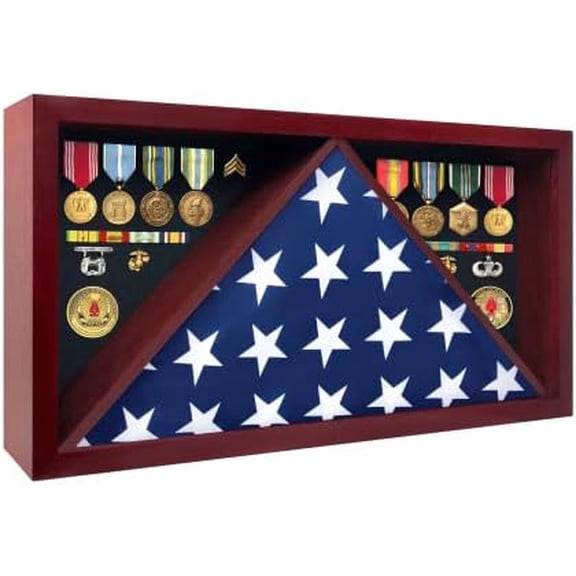 Large Military Shadow Box - Solid Wood Flag Case for 5' x 9.5' American Veteran Burial Flag, Velvet Like Felt Lining for Medals, and Polished Plexiglass (Mahogany)