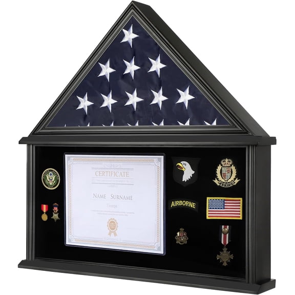 Large Military Shadow Box for American Veteran Flag Display Fit a Folded 5'x9.5' Flag , Black Finish