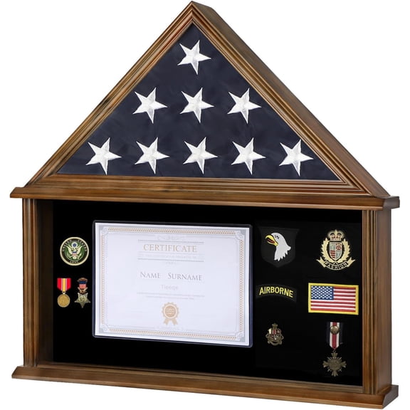 Large Military Shadow Box with Certificate Holder, Walnut Finish - Fits 5'x9.5' Folded Flag