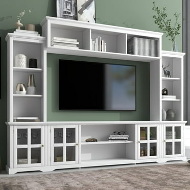 Large Minimalist TV Stand, Modern TV Cabinet with Shelves, Storage Cabinets, Tempered Glass Door for TVs up to 70 Inches, Multifunctional TV Console for Living Room, Entertainment Room, White