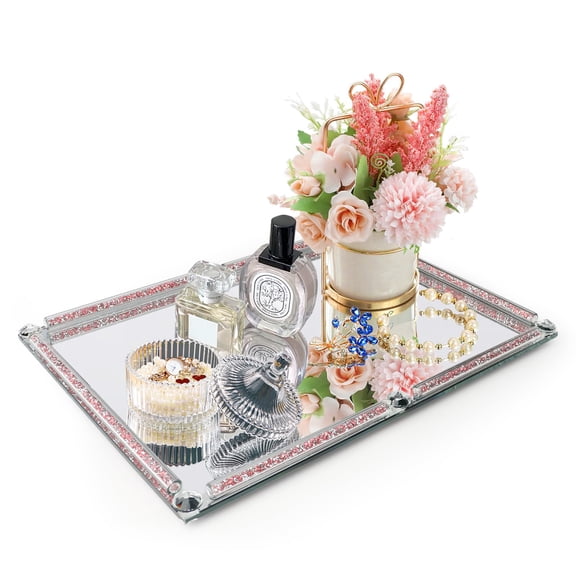 Large Mirror Perfume Tray for Dresser,Crushed Diamond Filled Glass Vanity Tray,Gold Decorative Bathroom Tray,Crystal Tray for Home Decorative,Party,Hotel Banquet,15.7x11.8x1.4inch,Gold
