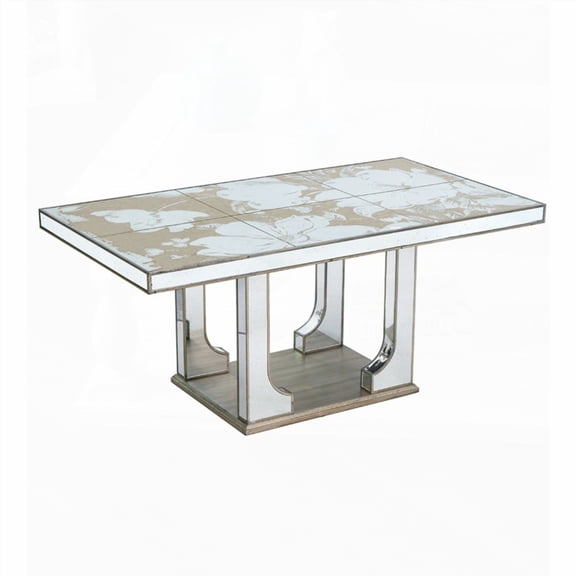 Large Mirrored Dining Table with Elegant Floral Design and Silver Finish (71x39.5x31.5")