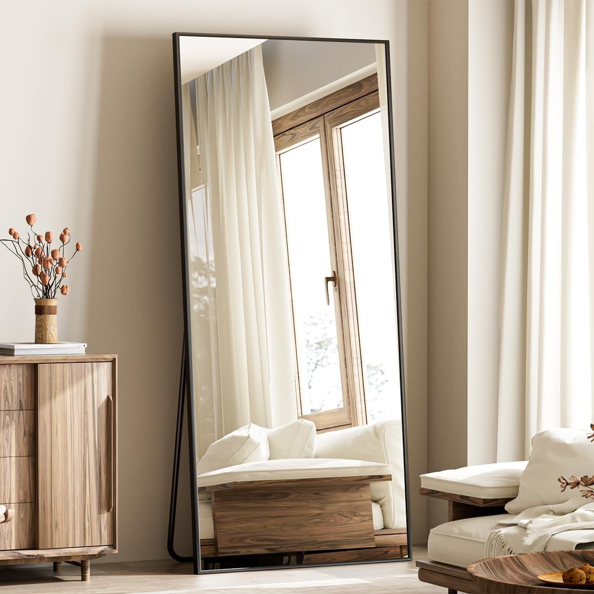 Black Aluminum Full Length Mirror with Stand, 65" x 24"