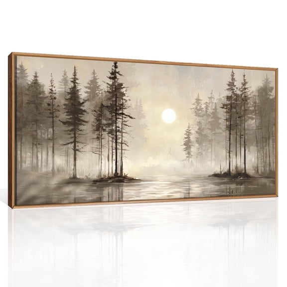 Large Misty Forest Canvas Wall Art Modern Pine Tree Framed Wall Decor Rustic Natural Landscape Painting Lake Sunrise Scenery Artwork for Living Room Bedroom Office 20X40In