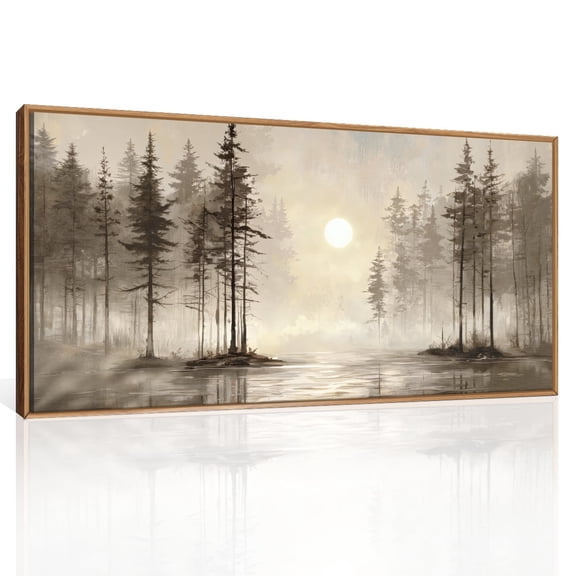 Large Misty Forest Canvas Wall Art Modern Pine Tree Framed Wall Decor Rustic Natural Landscape Painting Lake Sunrise Scenery Artwork for Living Room Bedroom Office 20X40In
