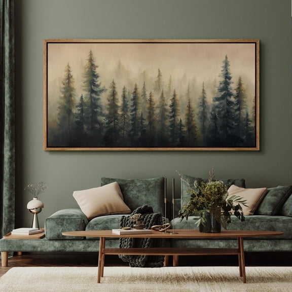 Large Misty Pine Tree Forest Wall Art, Moody Green Woodland Landscape Framed Canvas Print, Minimalist Scandinavian Nature Bedroom Decor