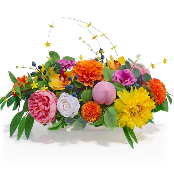 Large Mixed Artificial Flower Centerpiece with Peach Decor in Wooden Box Faux Peony Dahlia Rose Orchid Bouquet for Dining Table & Home Decor