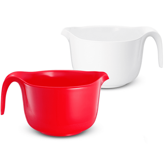 Large Mixing Bowl Set of 2, Plastic Mixing Bowls with Handles & Pour Spout - Batter Bowl Set Red & White
