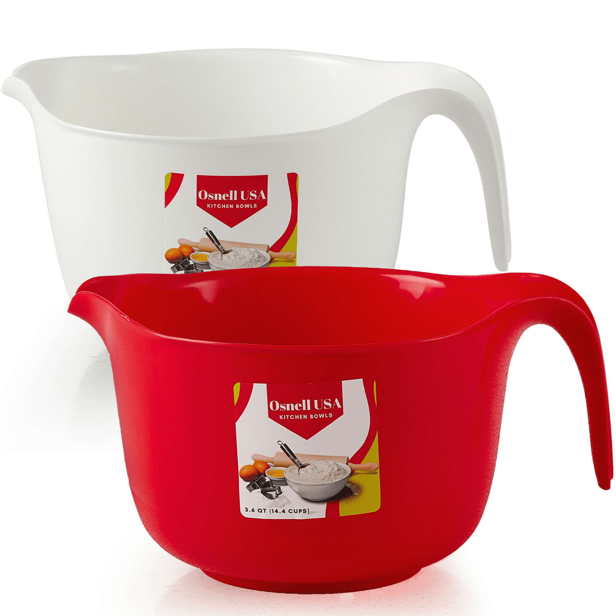 Large Mixing Bowl Set of 2, Plastic Mixing Bowls with Handles & Pour Spout  - Batter Bowl Set Red & White