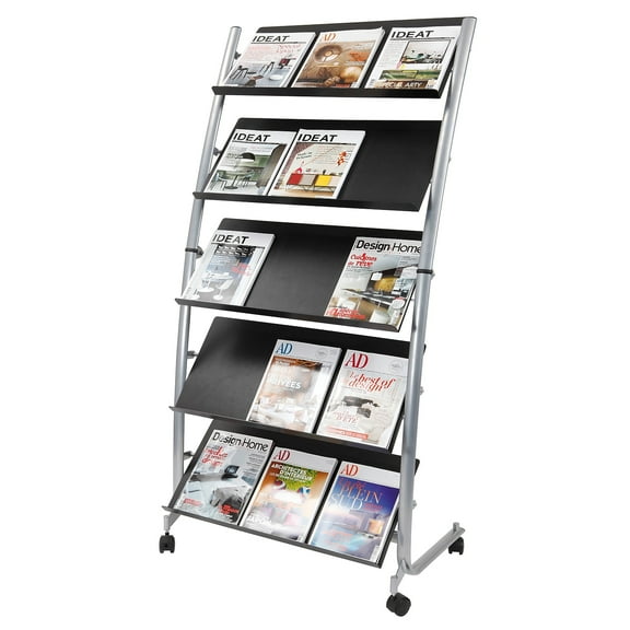 Large Mobile Literature Rack with 5 Levels, Metallic Gray and Black